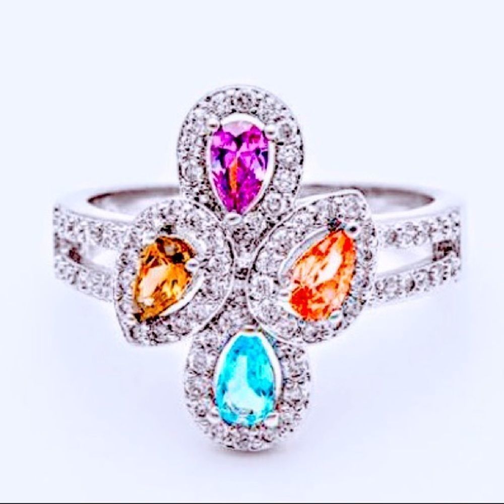 NEW! TURKISH MADE SWAROVSKI CRYSTAL COLORFUL RING SET IN 925 STERLING SI…